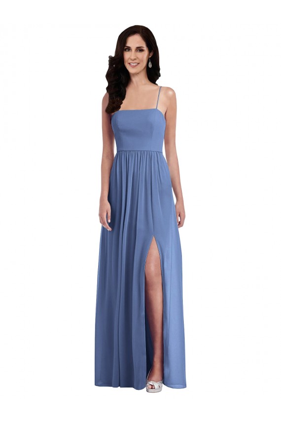 Chiffon Alças finas Sem Mangas Lombar Comprimento Chão Windsor Azul Longo Vestidos de Madrinha Baratos