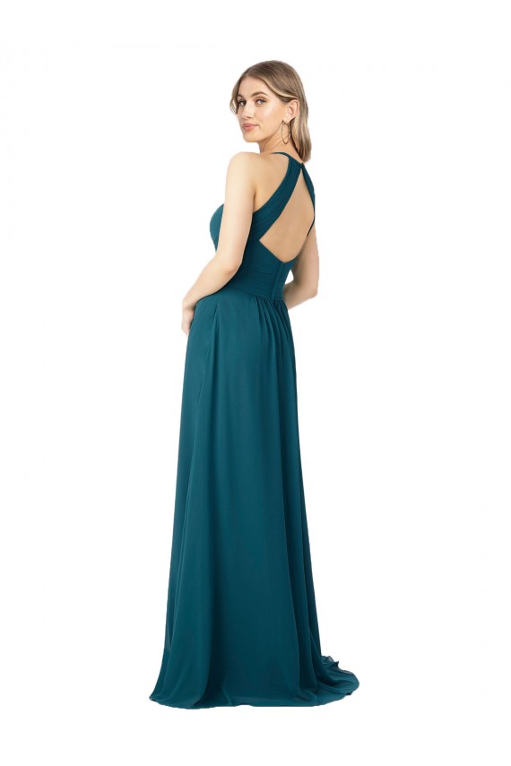 Chiffon Decote Alto Sem Mangas Buraco da fechadura Comprimento Chão Vestidos de Madrinha Baratos