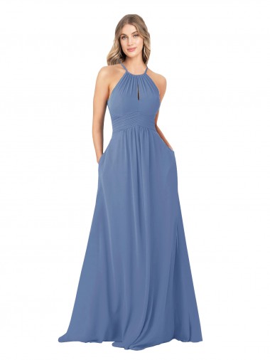 Chiffon Decote Alto Sem Mangas Buraco da fechadura Comprimento Chão Vestidos de Madrinha Baratos