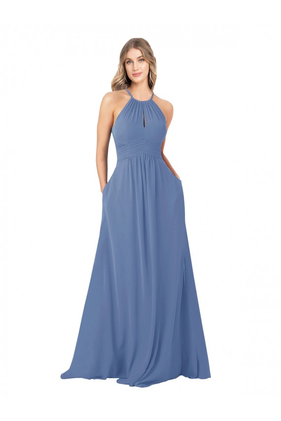 Chiffon Decote Alto Sem Mangas Buraco da fechadura Comprimento Chão Vestidos de Madrinha Baratos