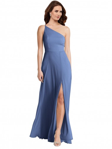 Chiffon Um Ombro Sem Mangas Comprimento Chão Longo Linha A Vestidos de Madrinha / Vestidos de Noite Baratos